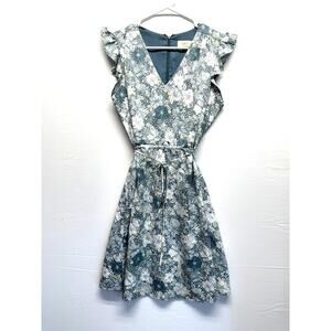 LOFT Outlet Teal Floral Ruffle Sleeve Belted Dress Size Small